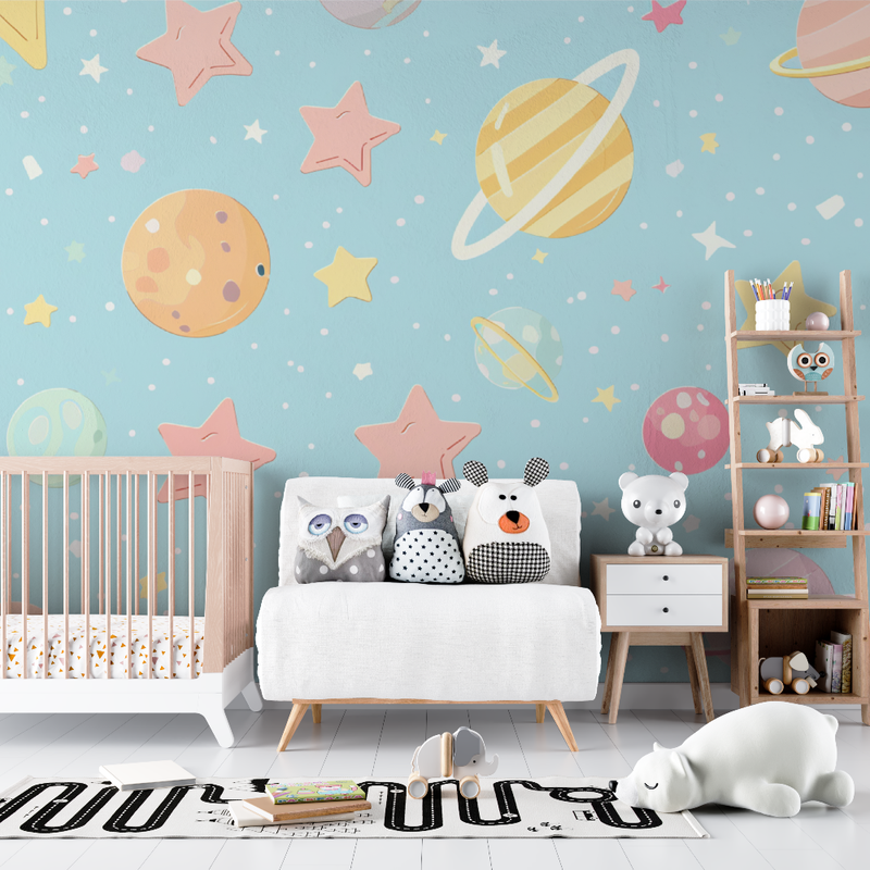 Papier peint Étoiles et planètes bleu - chambre de bebe