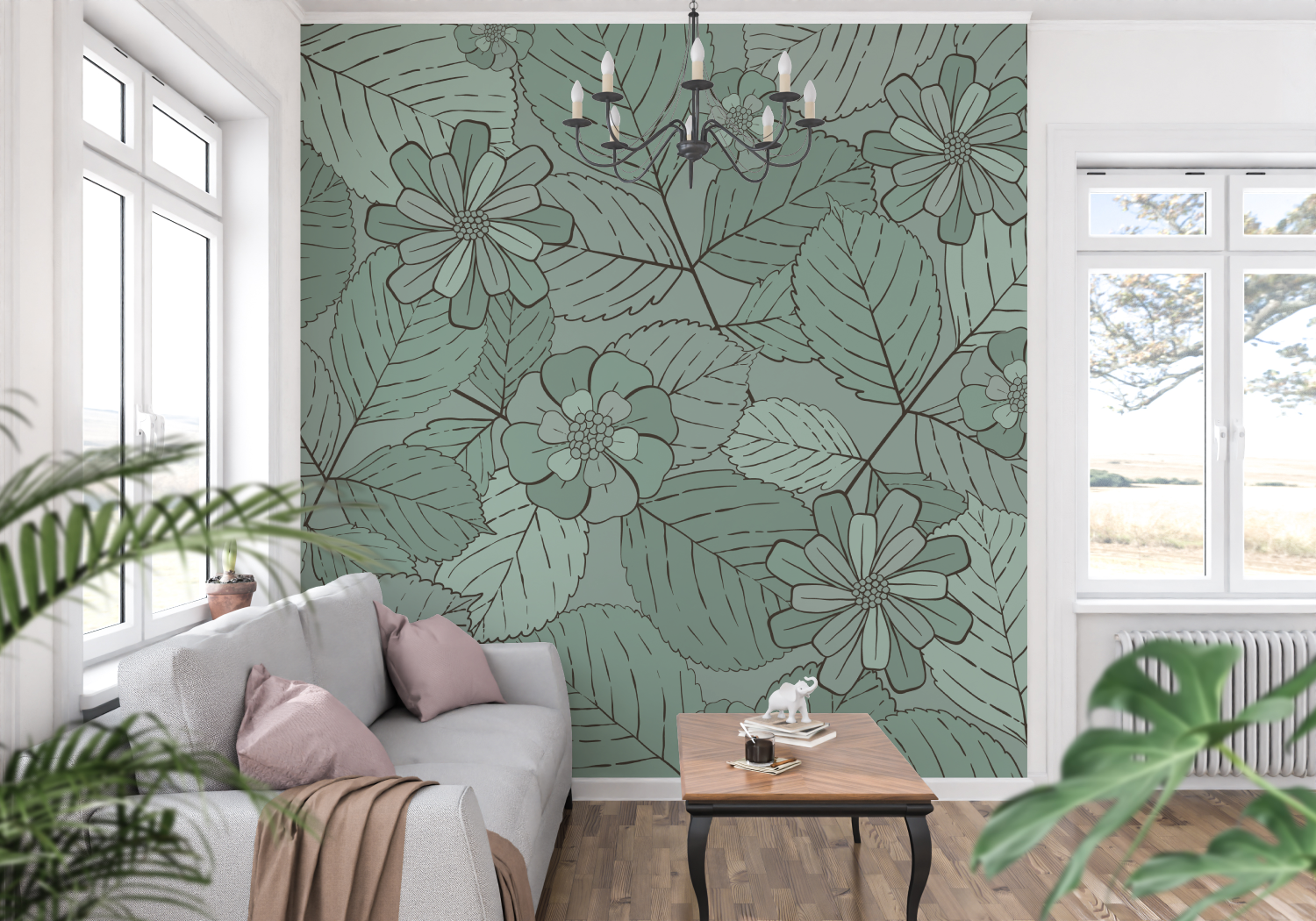 Papier Peint Motif Floral Vert - trompe l'oeil