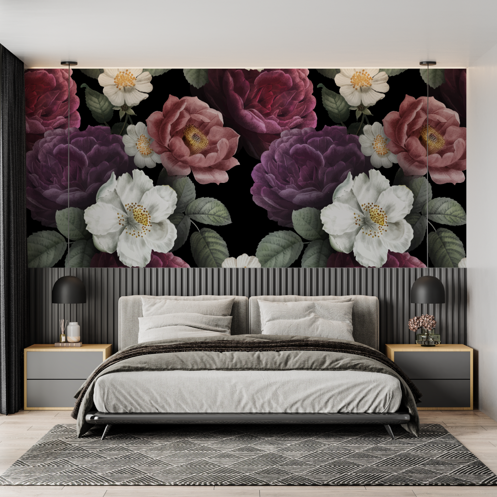 Papier Peint Floral Fond Noir - chambre adulte