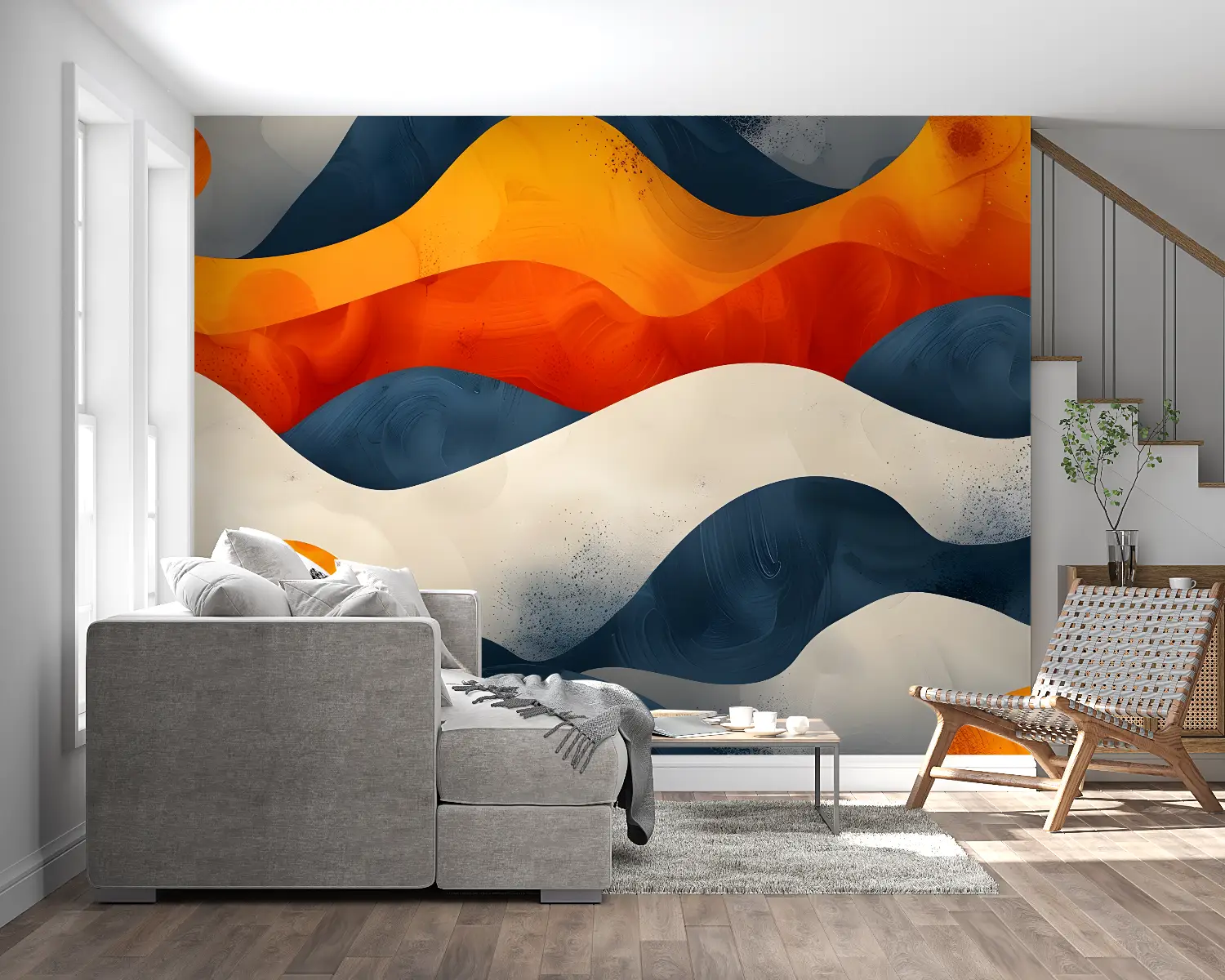 Blauw en oranje kunstbehang - Second Image