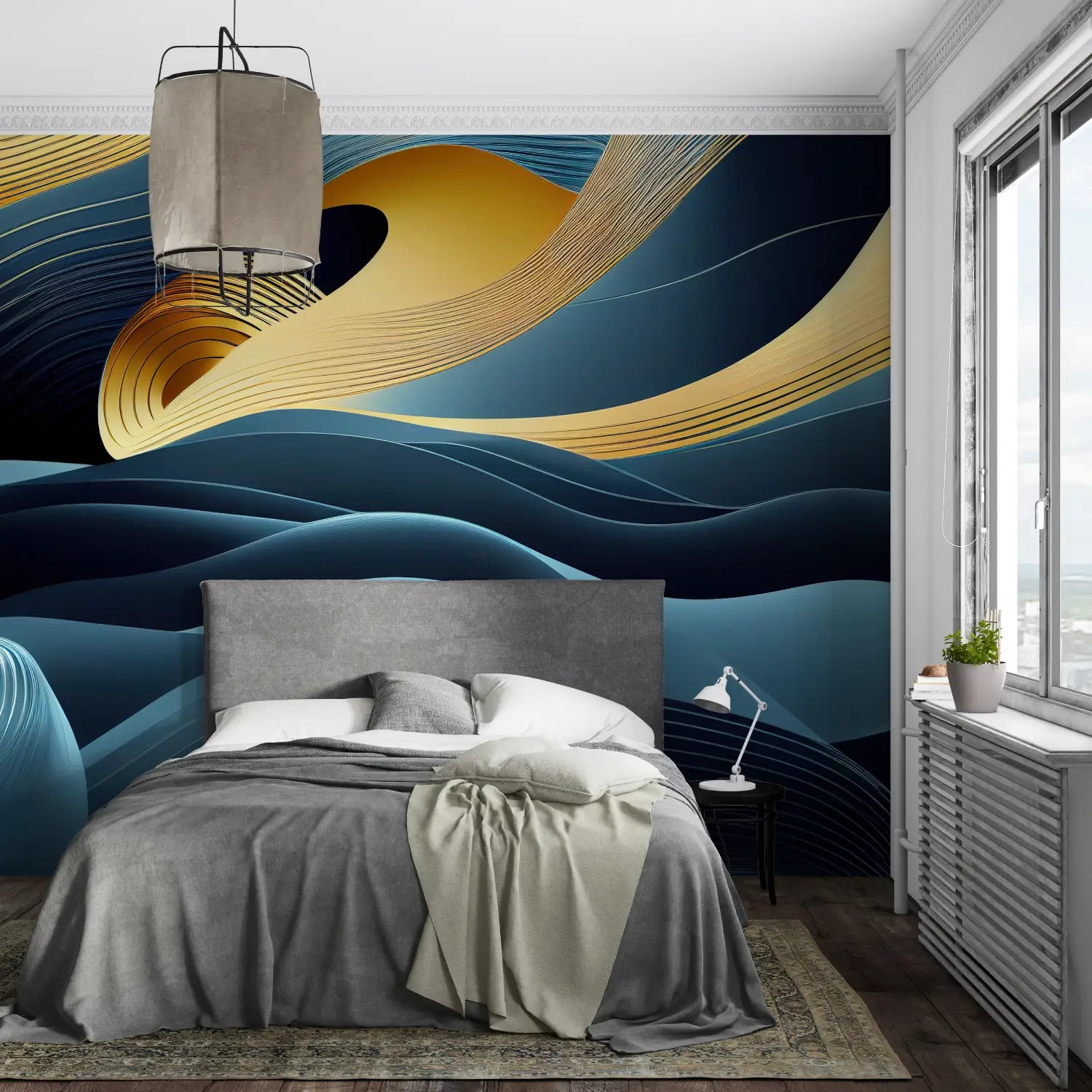 Art Deco blauw en goud golven behang - Second Image