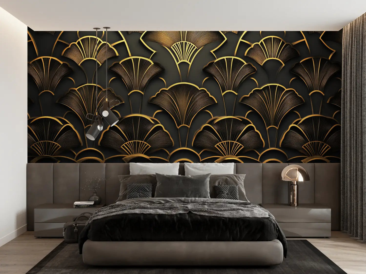 Art Deco Zwart Goud Behang 3d Bloemen - Second Image