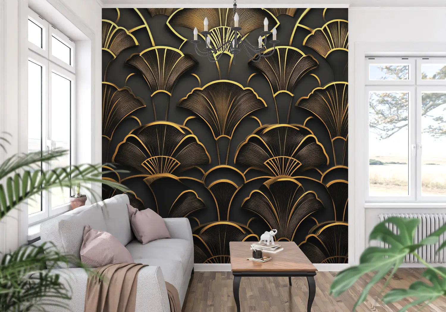 Art Deco Zwart Goud Behang 3d Bloemen - Second Image