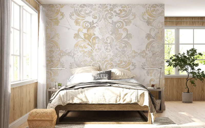 Papier Peint Baroque Beige Doré - chambre adulte