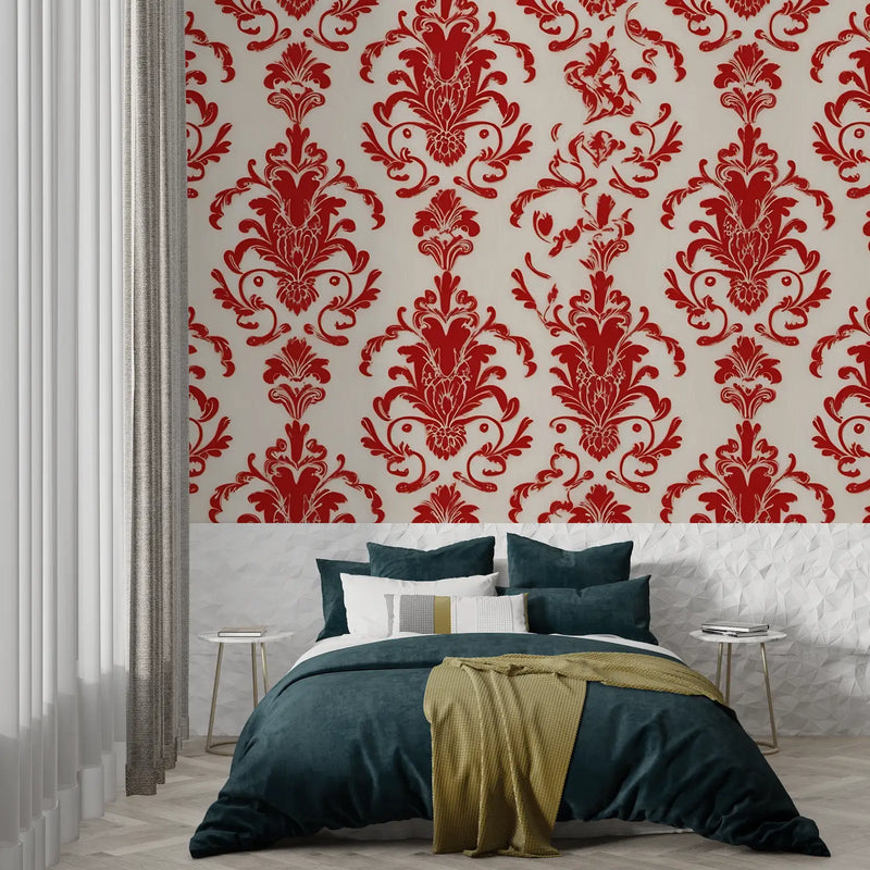 Papier Peint Baroque Rouge Blanc - trompe l'oeil