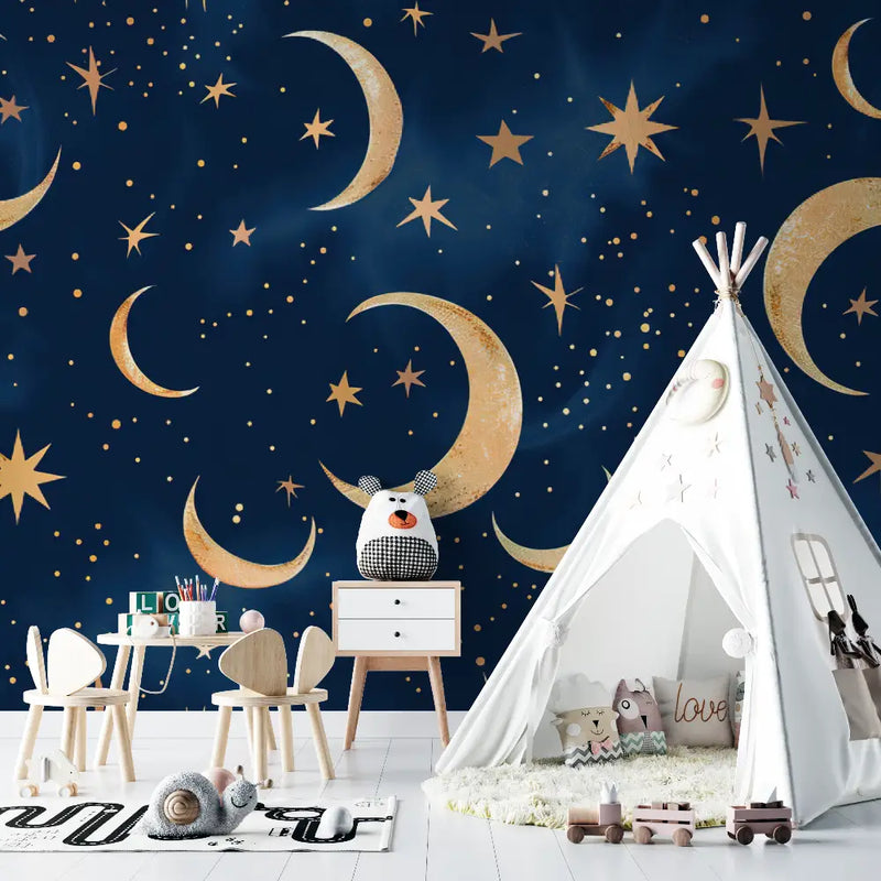 Papier peint bébé design lune et nuit - chambre de bebe