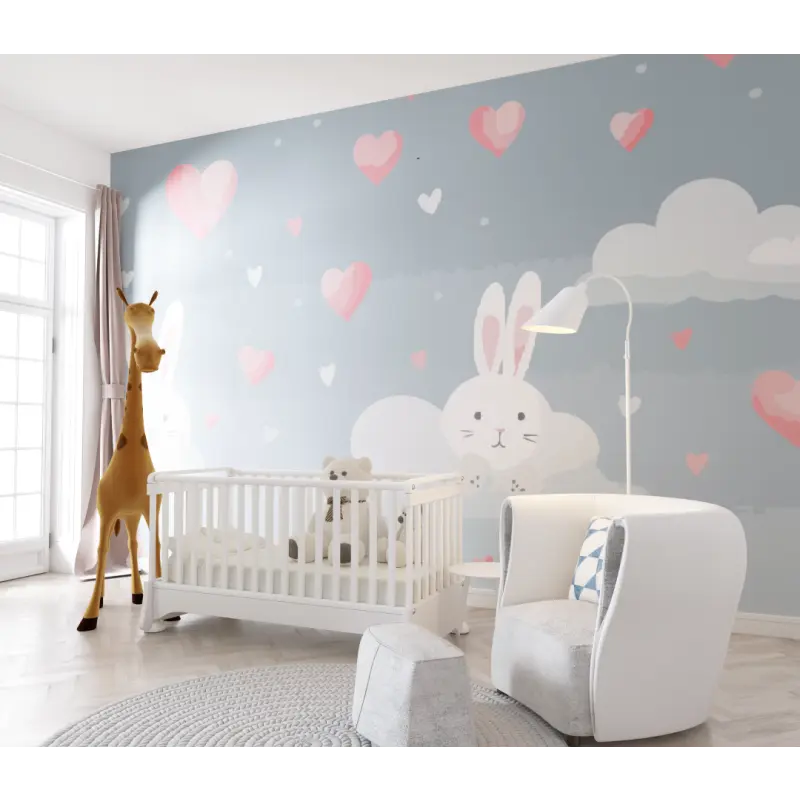 Papier peint bébé Lapins et cœurs - chambre de bebe