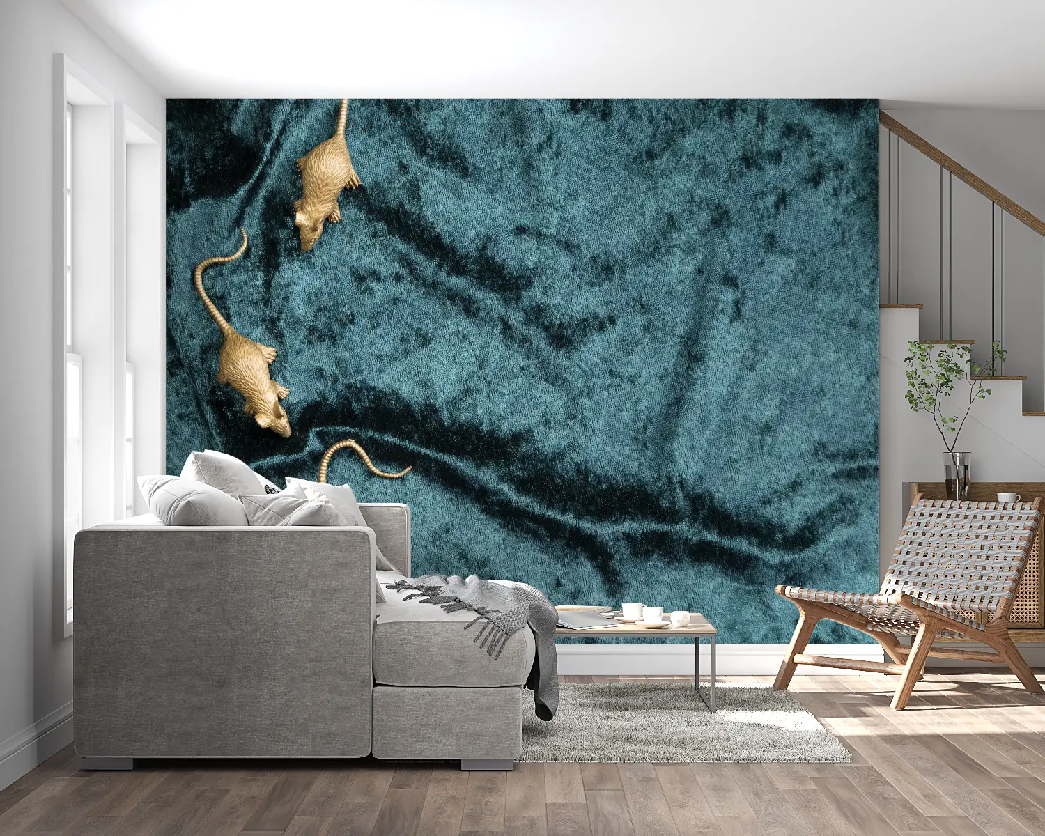 Blauwgroen behang met gouden muizen - Second Image