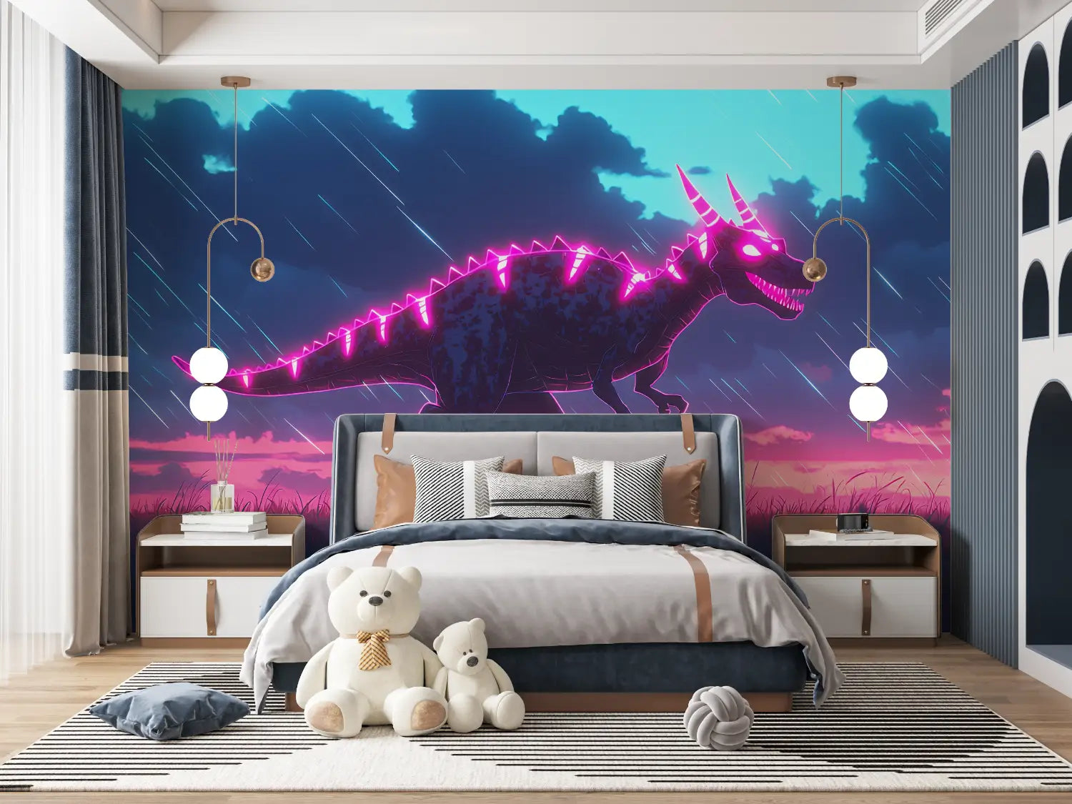 Papier Peint Dinosaure Néon Rose - tapisseries murale