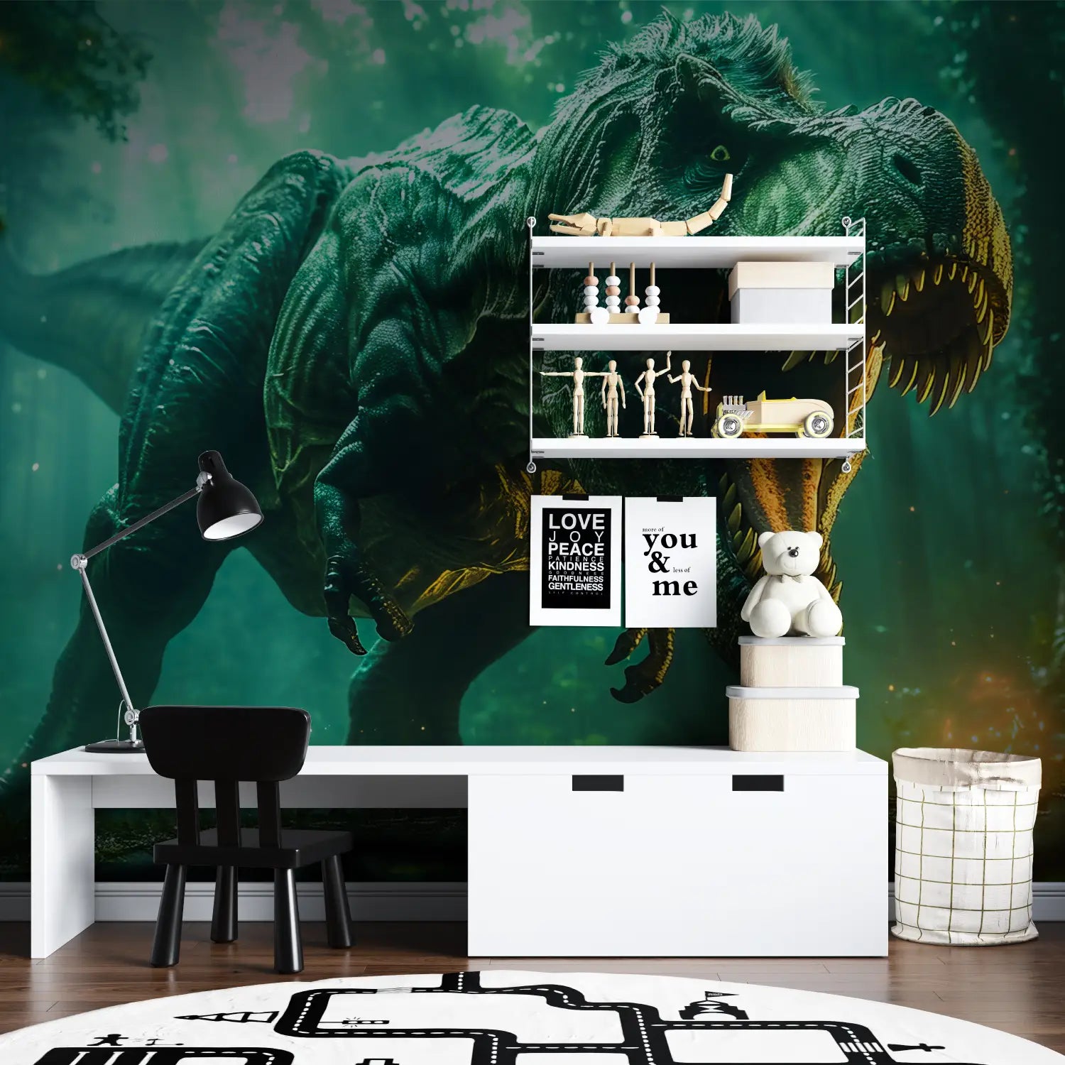 Papier Peint Dinosaure T Rex Vert - chambre garçon lit