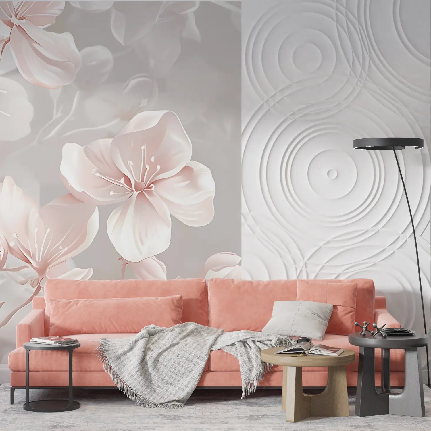 Papier Peint Fleur Rose Et Gris - design