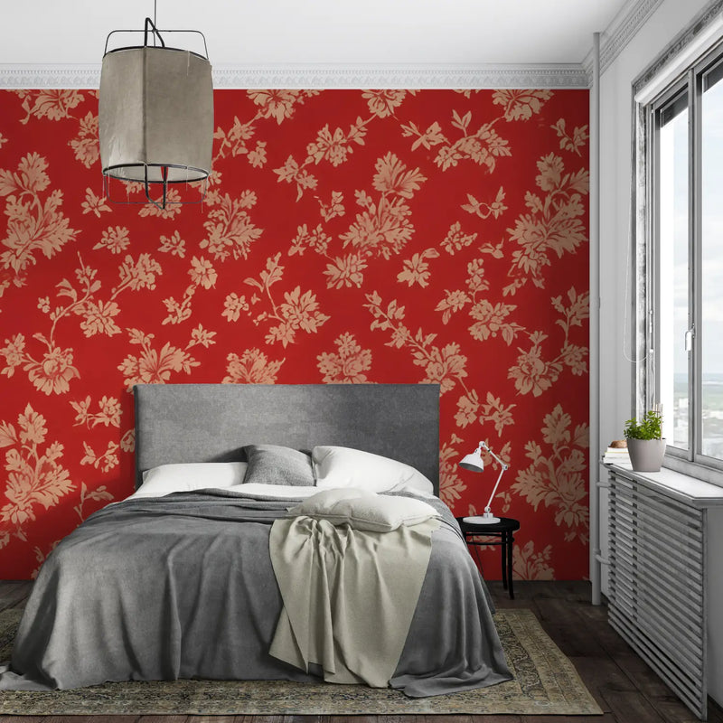 Papier Peint Fleurs Vintage Rouge - pano mural