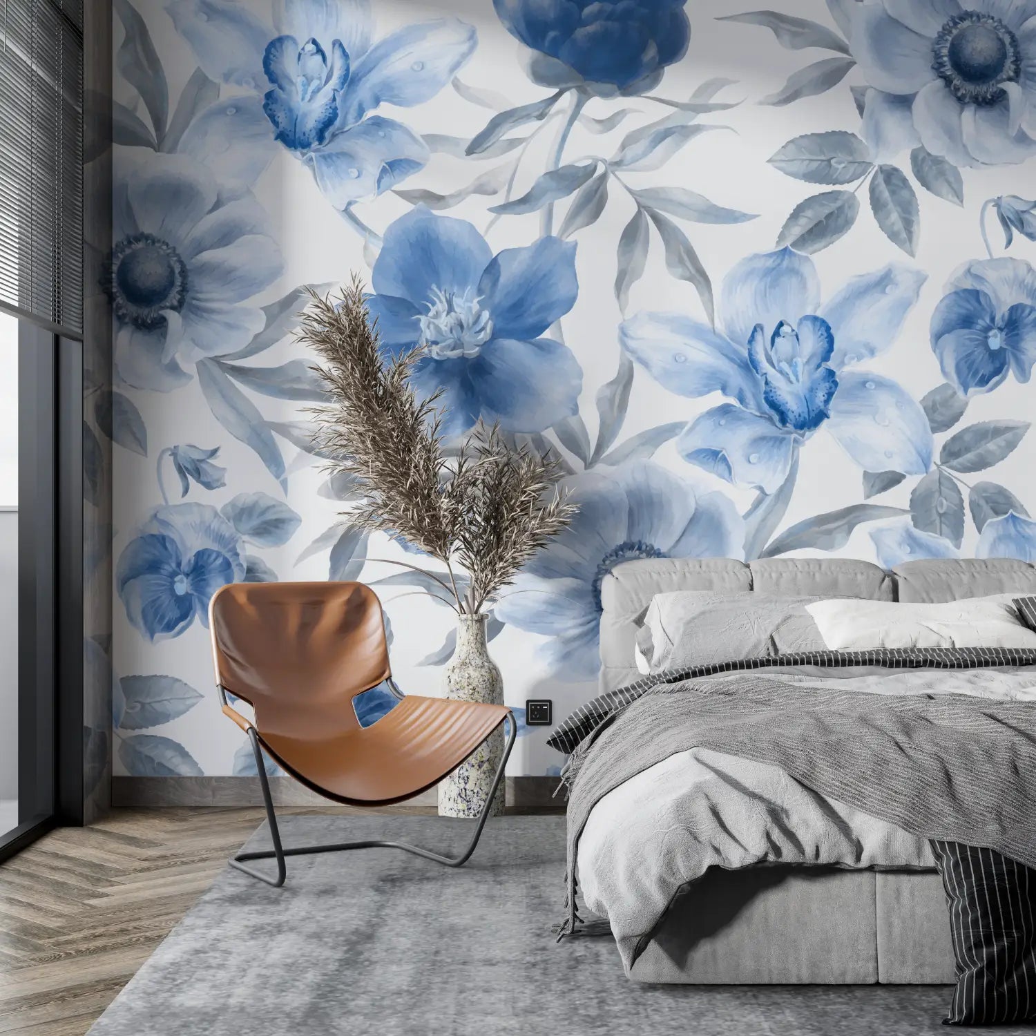 Blauw bloemenbehang - Second Image