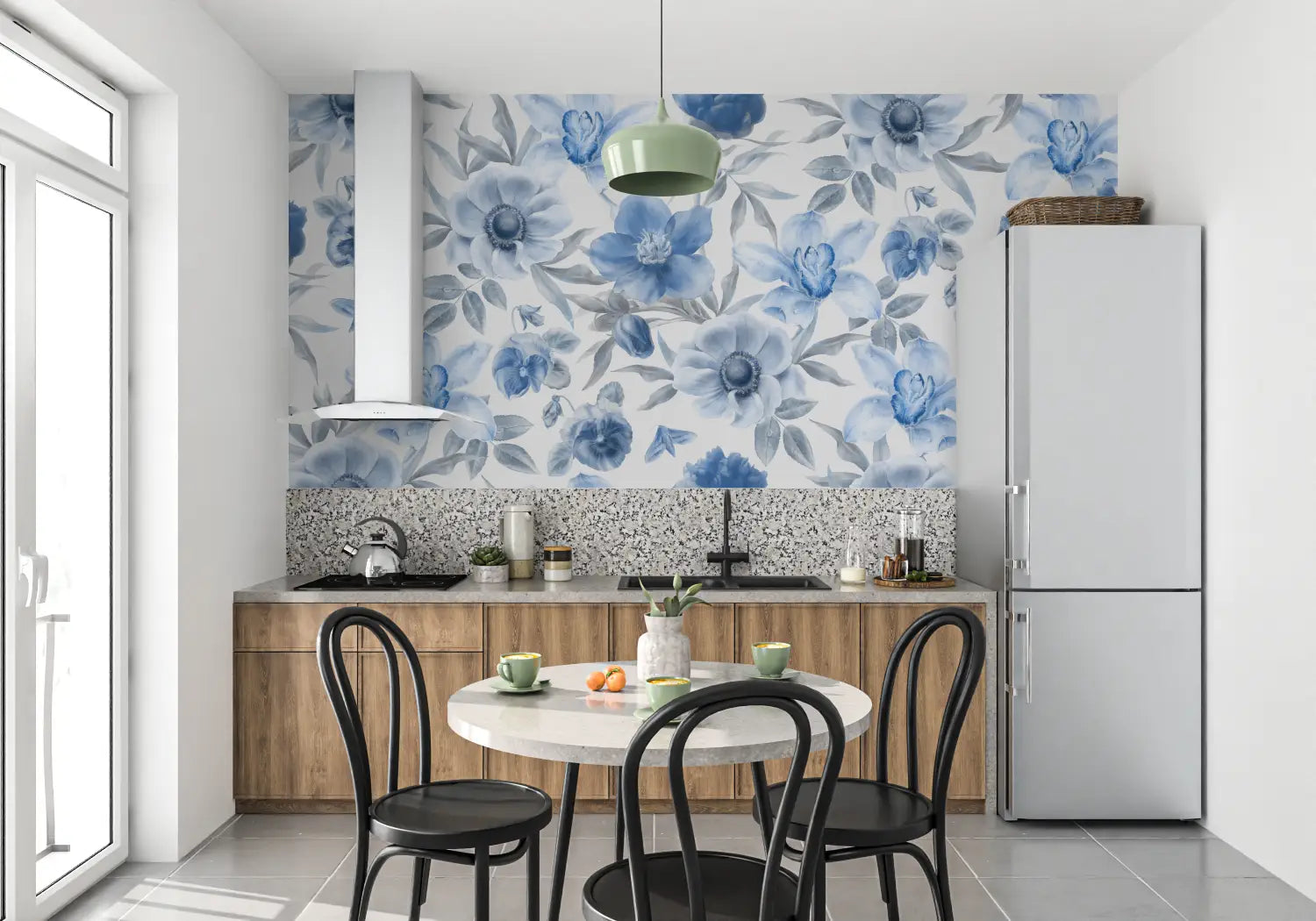 Papier Peint Floral Bleu - mur cuisine