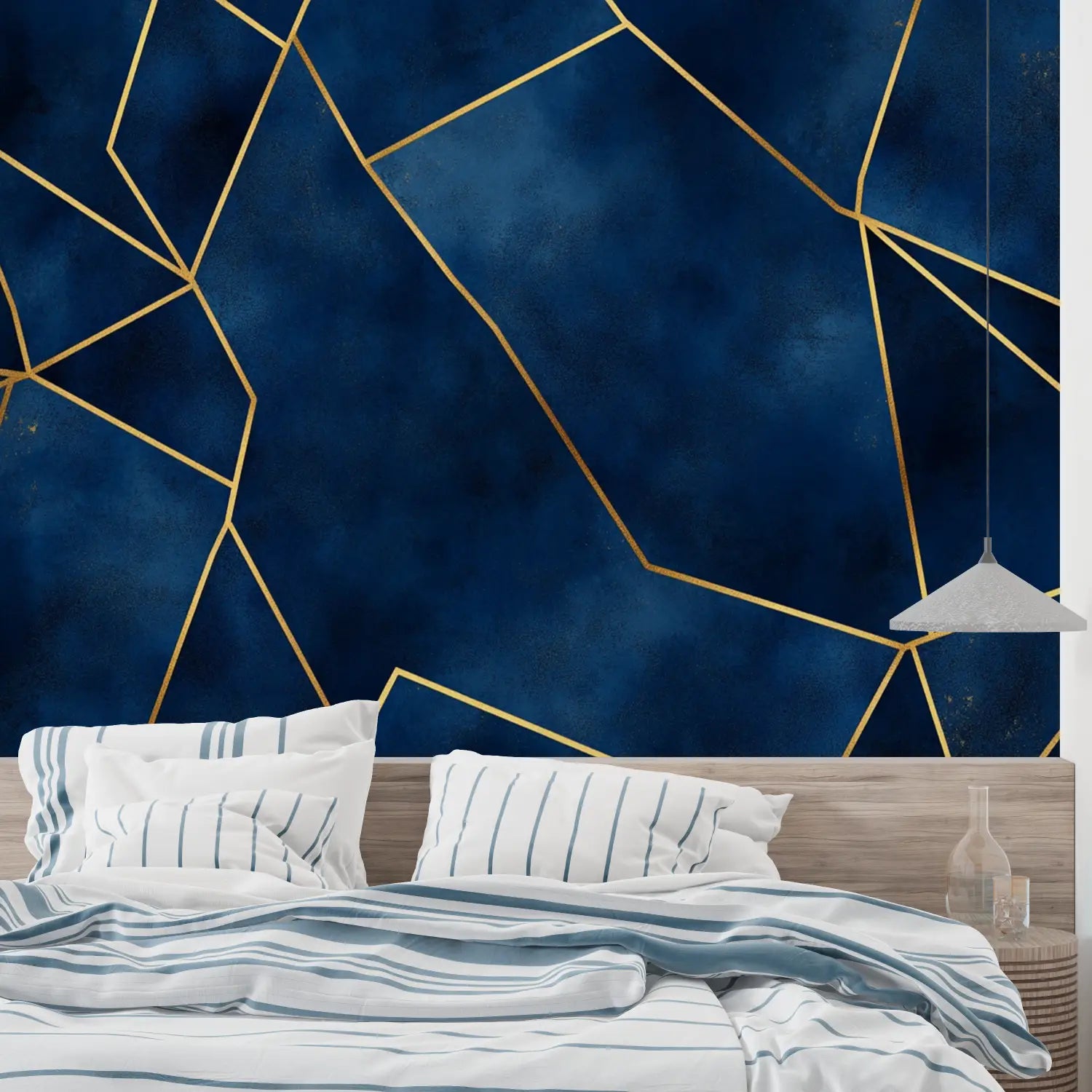 Blauw en goud geometrisch behang - Second Image