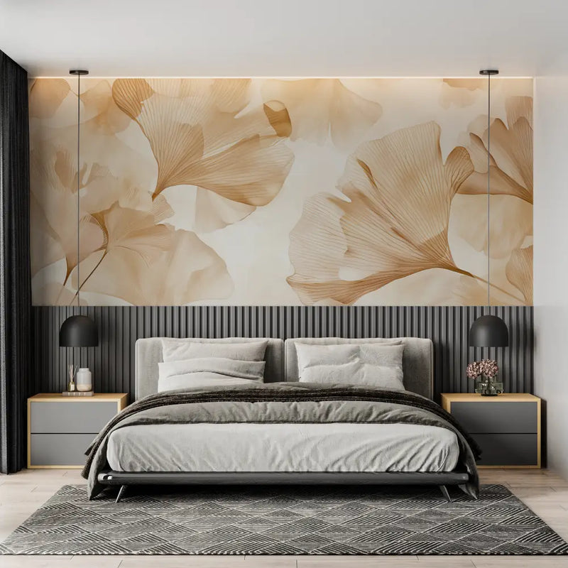 Papier Peint Ginkgo Beige Doré - panoramique mural