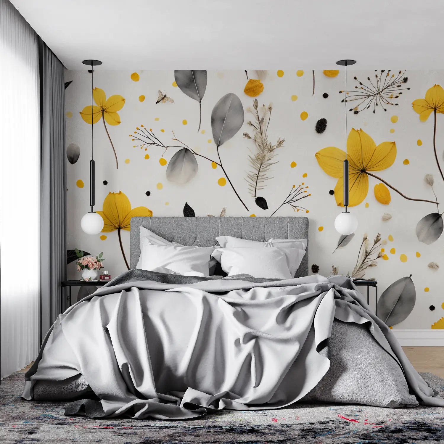 Papier Peint Jaune Et Gris Floral - 4murs