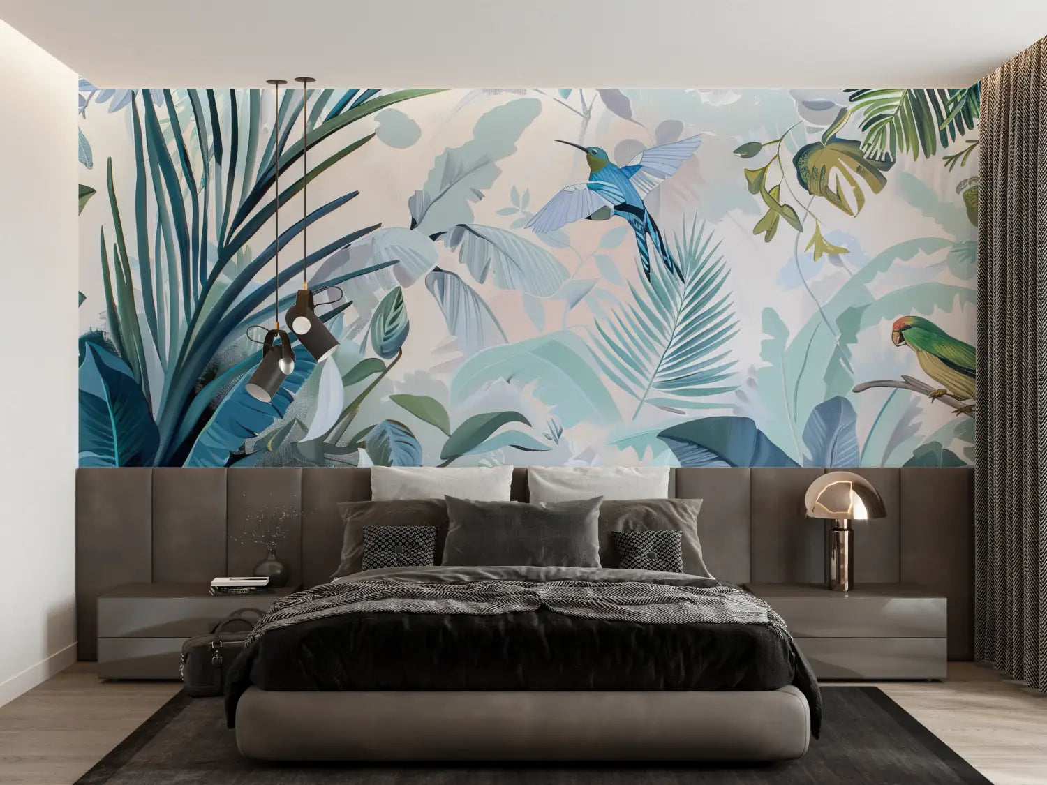 Papier Peint Jungle Bleu - trompe l'oeil