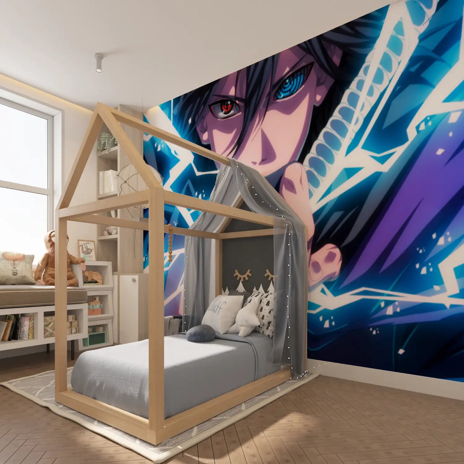 Papier Peint Naruto Sasuke Bleu - chambre garçon lit