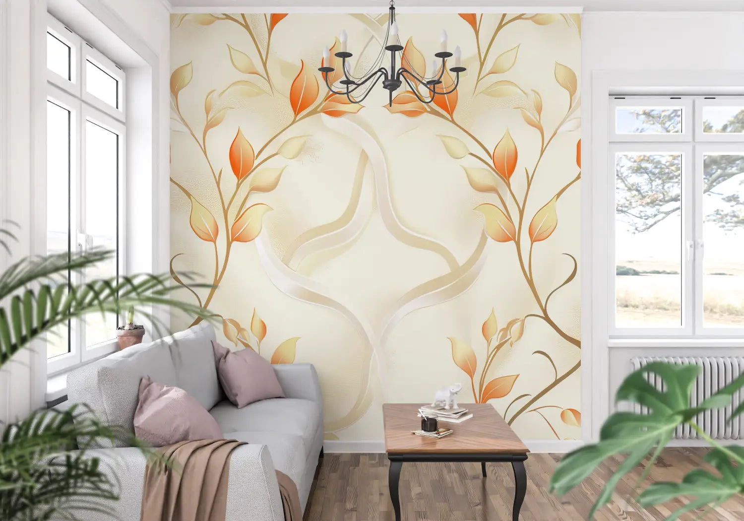 Papier Peint Orange Fleuri - tapisserie