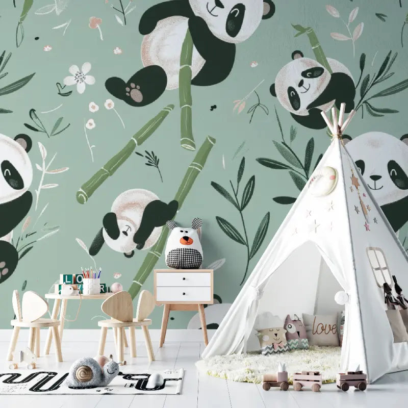 Papier peint Pandas vert bébé - chambre de bebe