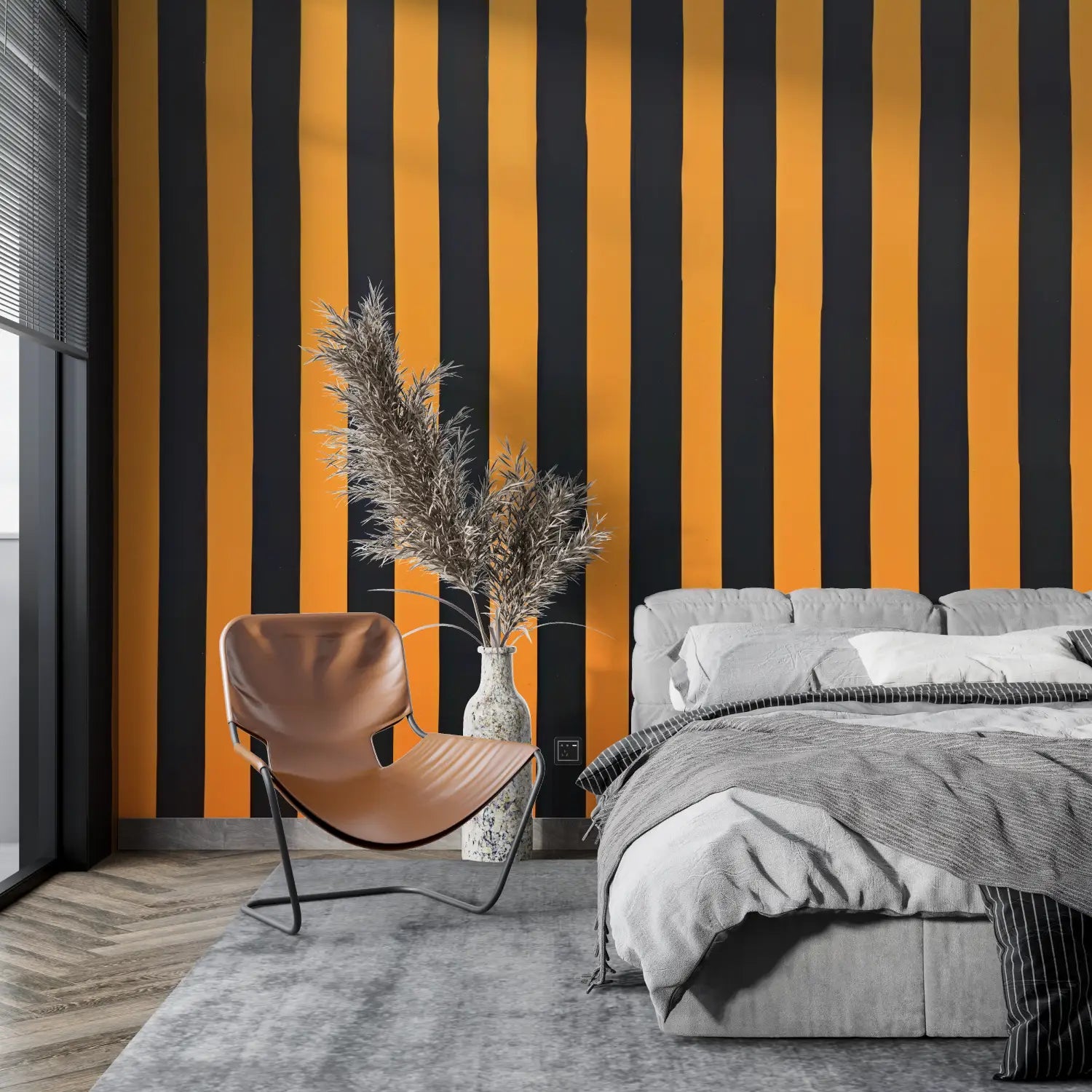 Papier Peint Rayure Orange Et Noires - tapisserie pano