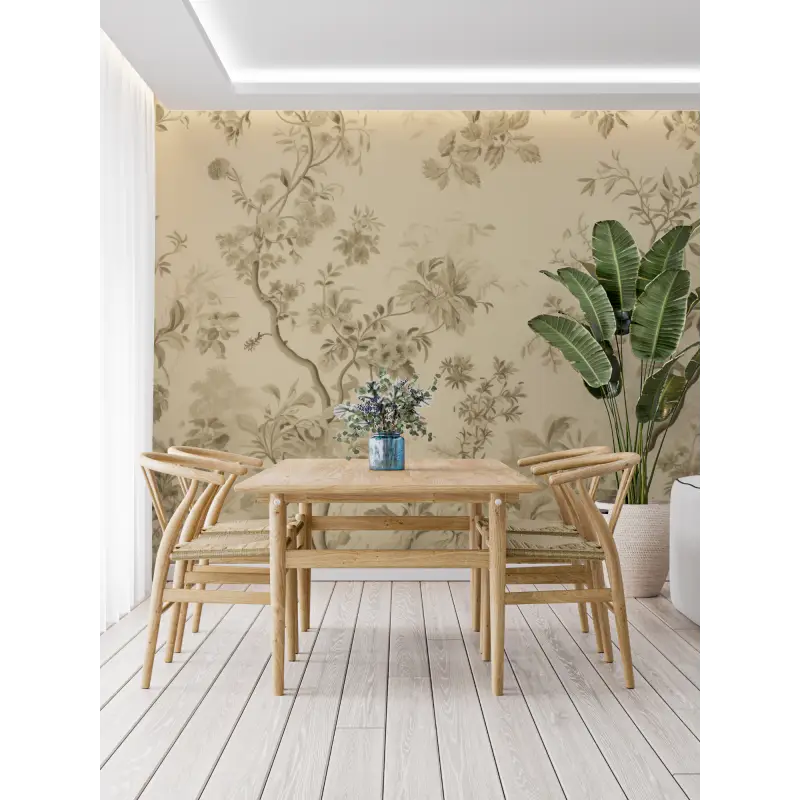 Papier Peint Toile De Jouy Beige Fleuri - tapisserie