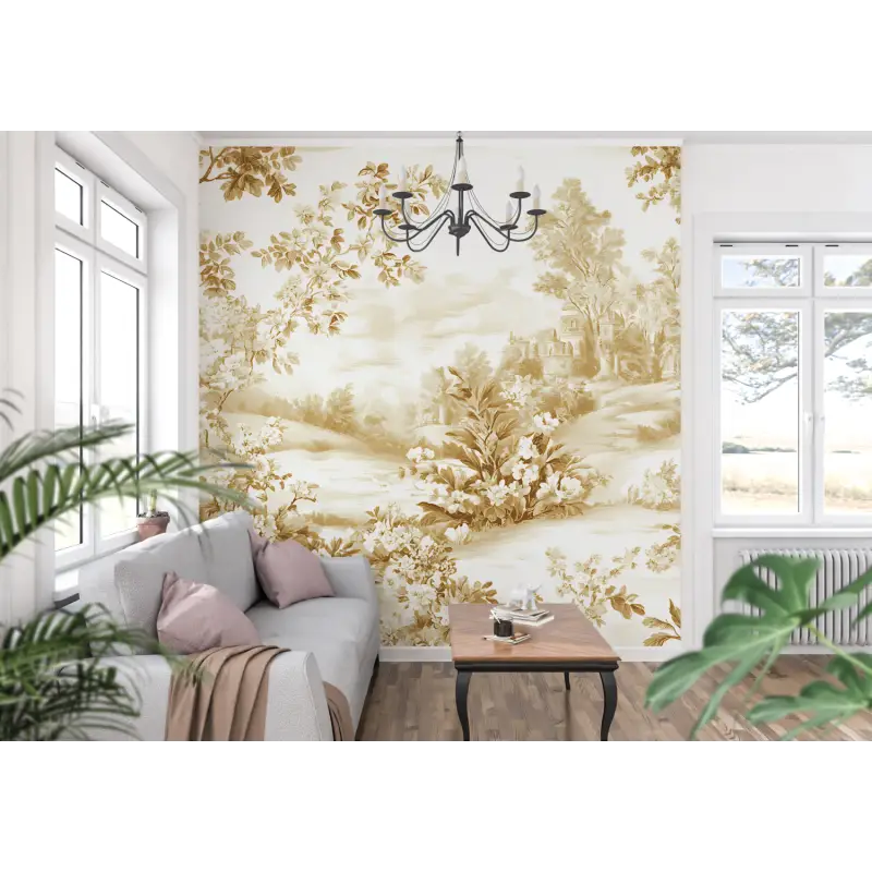 Papier Peint Toile De Jouy Beige Jaune - panoramique tendance