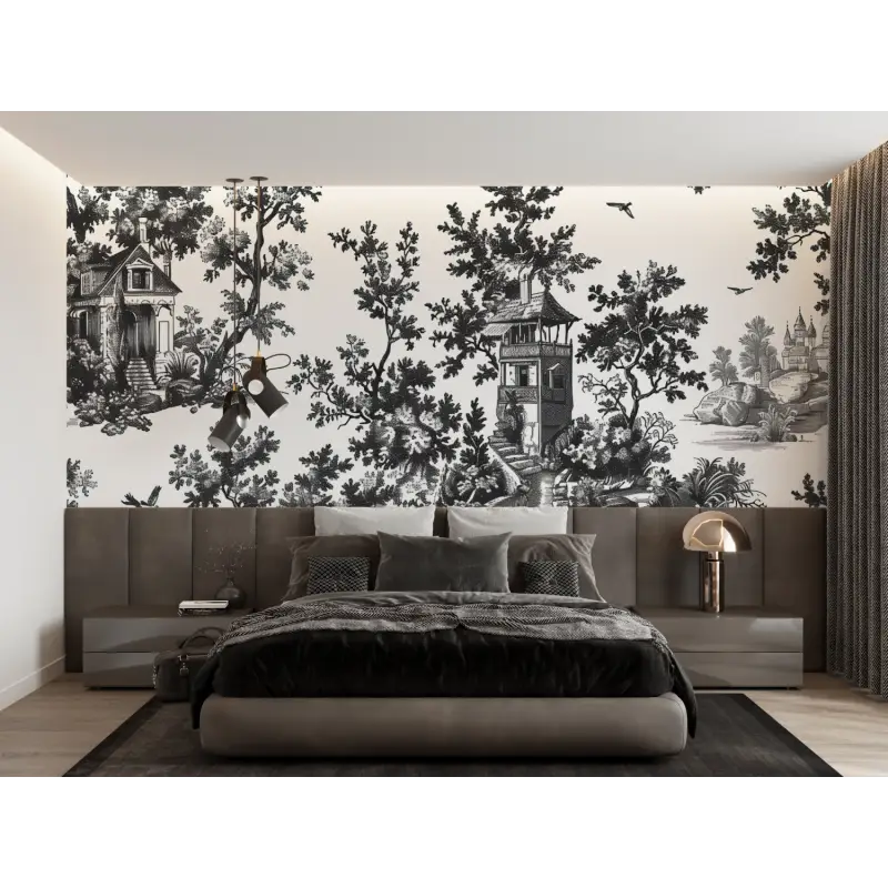 Papier Peint Toile De Jouy Blanc Noir - trompe l'oeil