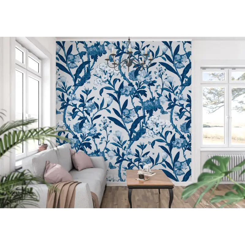 Toile De Jouy Wallpaper Blue Flowers - Second Image