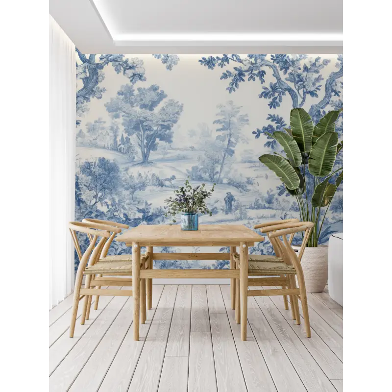 Papier Peint Toile De Jouy Foret Bleu - tapisserie