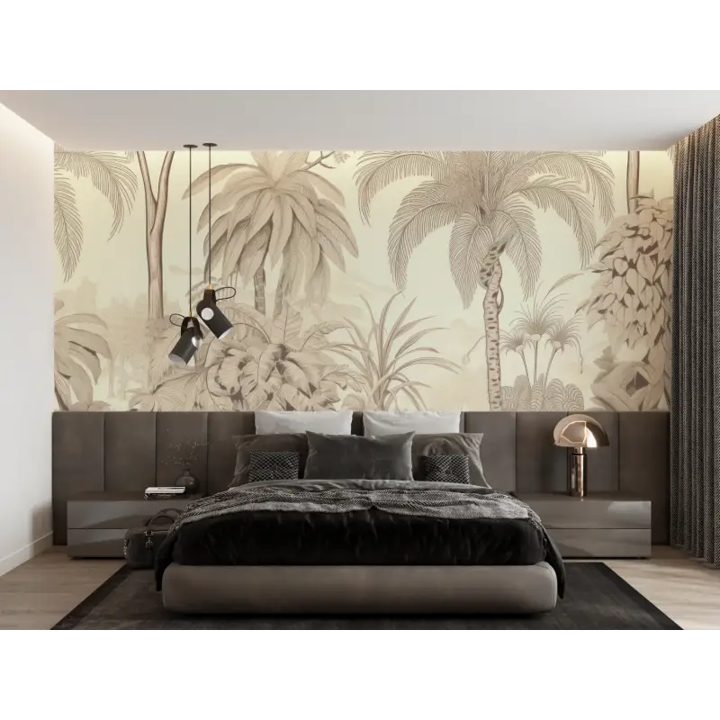 Papier Peint Toile De Jouy Jungle Beige - panoramique-mur