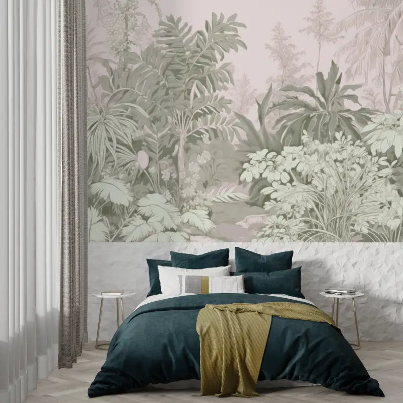 Papier Peint Toile De Jouy Jungle Rose - panoramique tendance