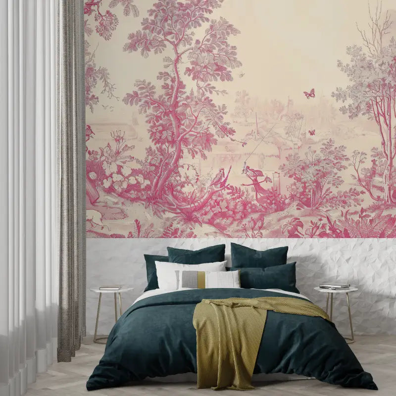 Papier Peint Toile De Jouy Rose Tendance - panoramique-mur