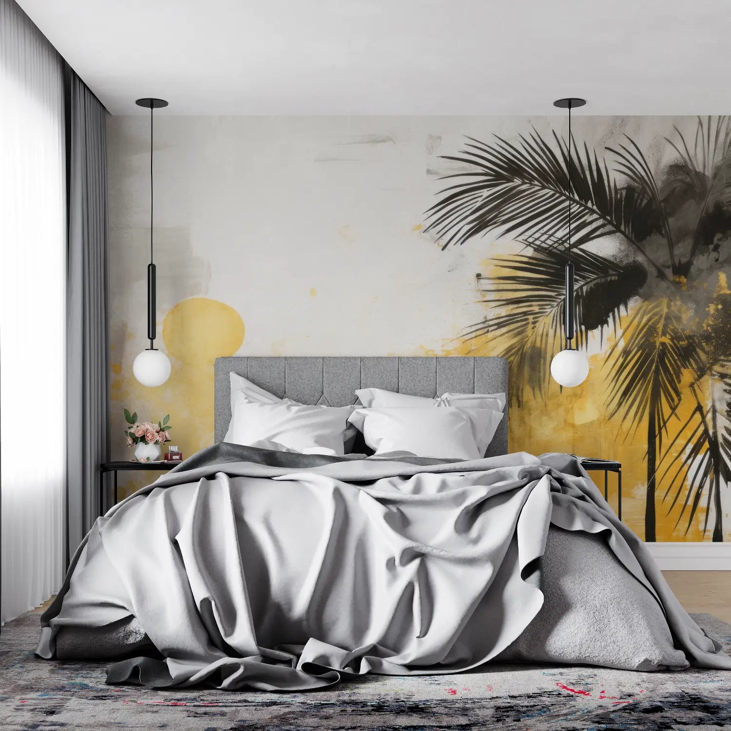 Papier Peint Tropical Jaune Et Gris - tendance mur