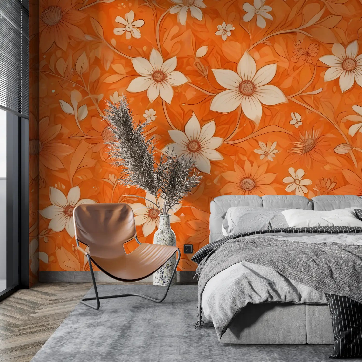 Vintage oranje bloemen behang - Second Image