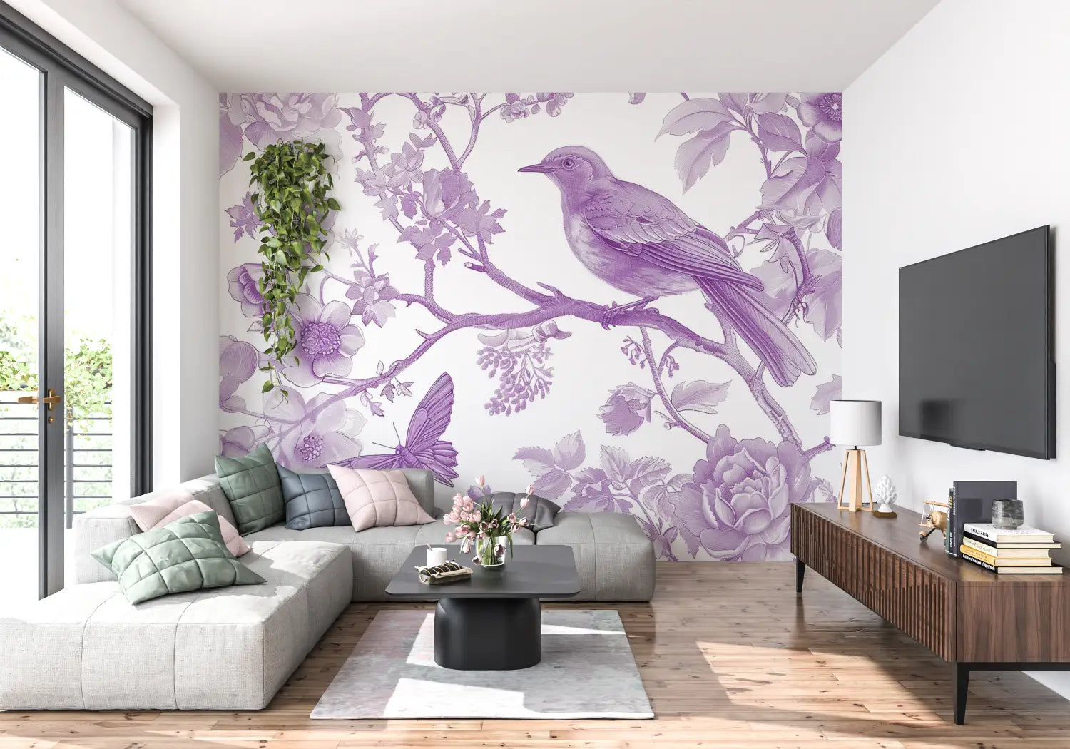 Papier Peint Violet Oiseau - tapisserie pano