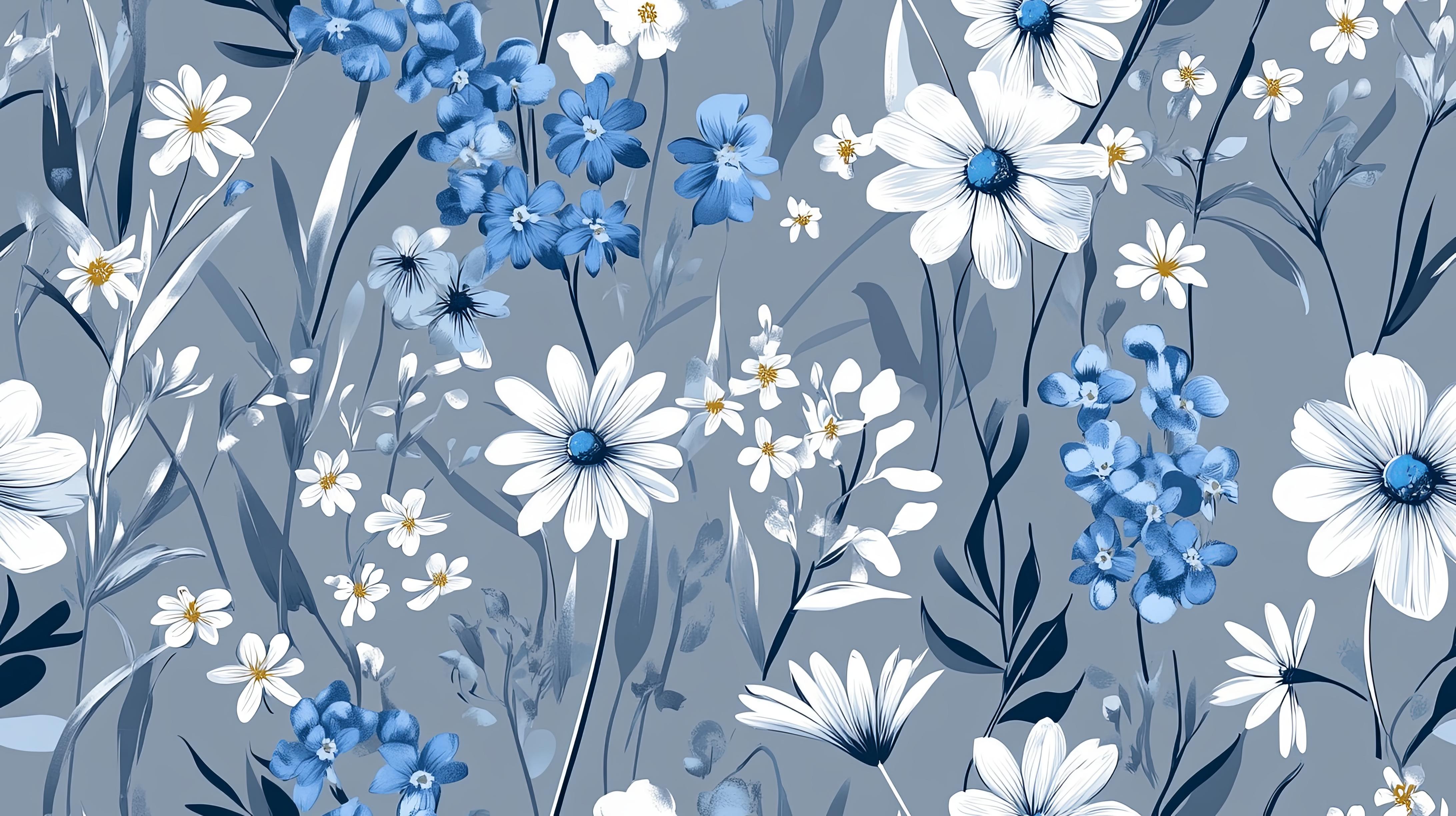 Blue Wallpaper witte bloemen