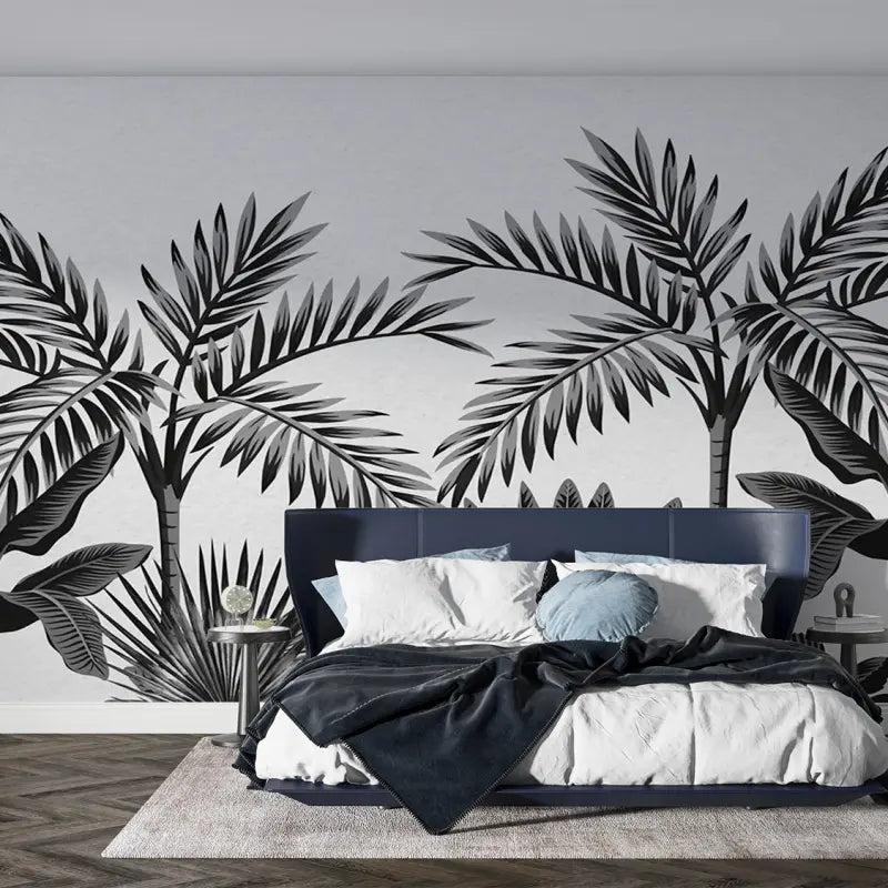 Papier Peint Feuillage Tropical Noir Et Blanc